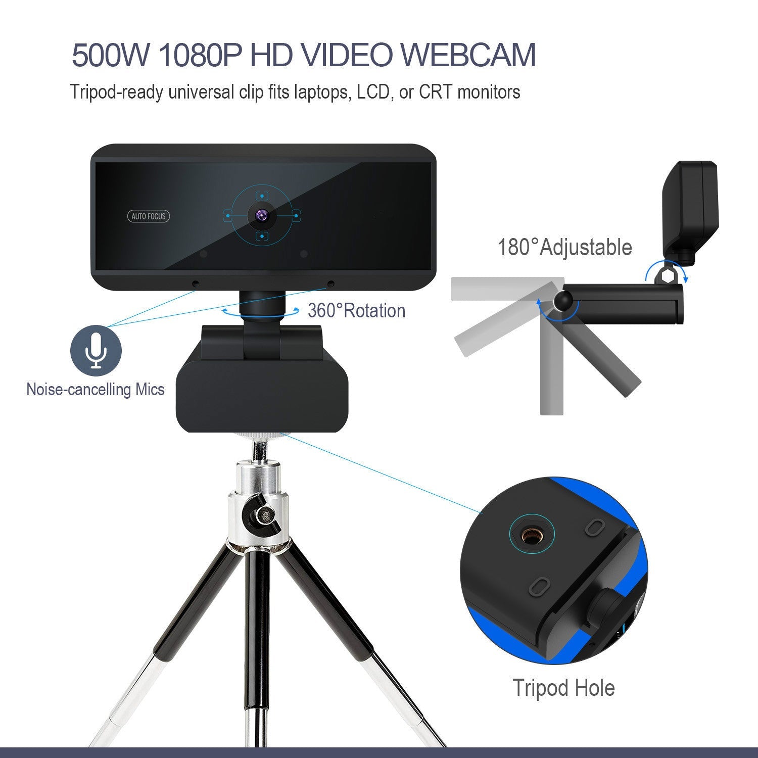 HKM-349395 Full HD USB Computer Camera with Autofocus and Noise Reduction Microphone, Compatible with Windows and Mac Systems