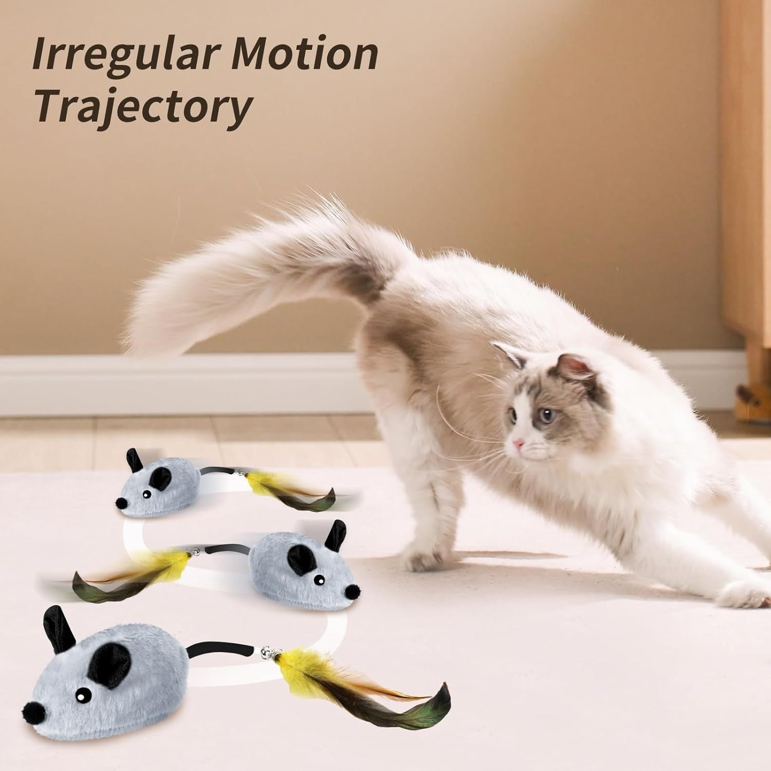 HKM-349651 Interactive Cat Toys Mouse For Indoor Cats Rechargeable LED Cat Mouse Toy Feather Bell Tail Lifelike Electric Automatic Moving Mouse Cat Toy For All Breeds Cat Boredom Exercise