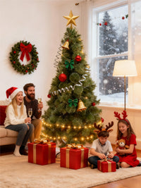 HKM-350163 Green Spray White Snowflake Pine Needle Christmas Tree - 150CM, 180CM & 210CM, Slim Design for Small Spaces