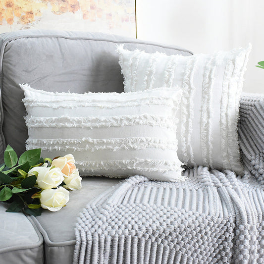 HKM-350419 Fringed Cotton-Linen Floral Sofa Pillowcases - Multiple Colors Available, 45x45 cm
