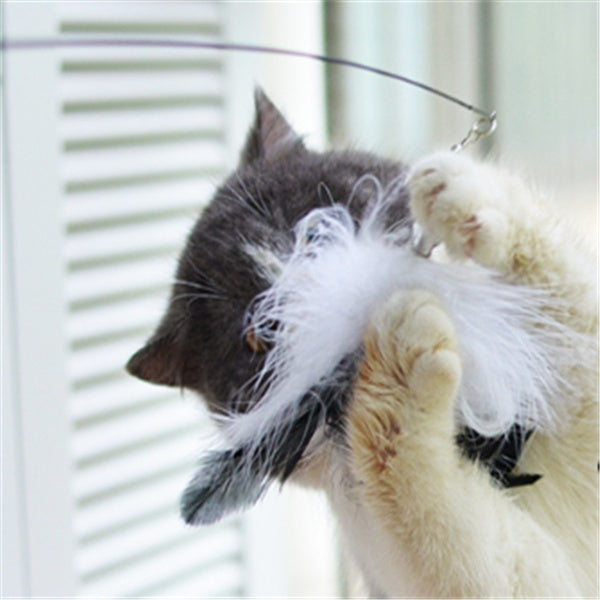 HKM-350483 Flexible Wooden Cat Teaser Stick with Feather & Bell Replacement Heads