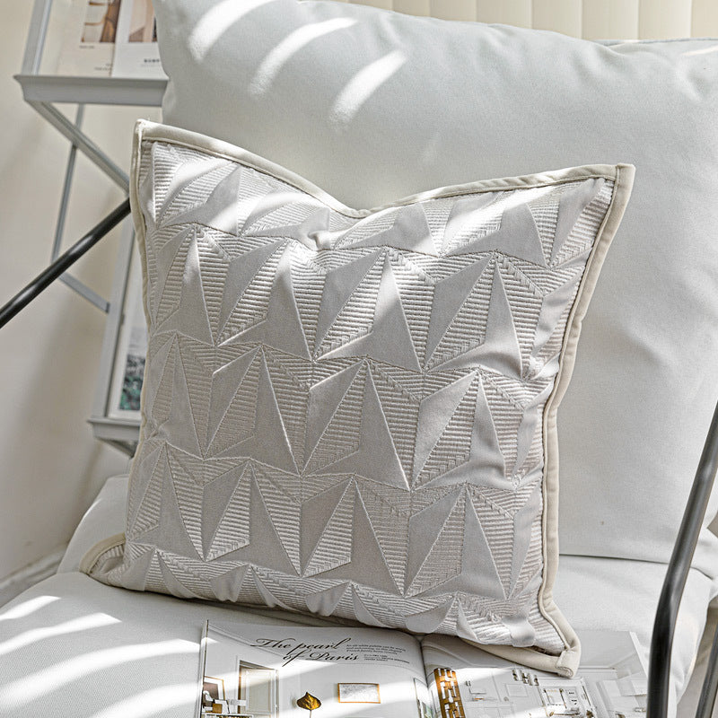 HKM-350483 Soft Suede Geometric Pillow Cover with Embroidery - 45x45cm, Beige