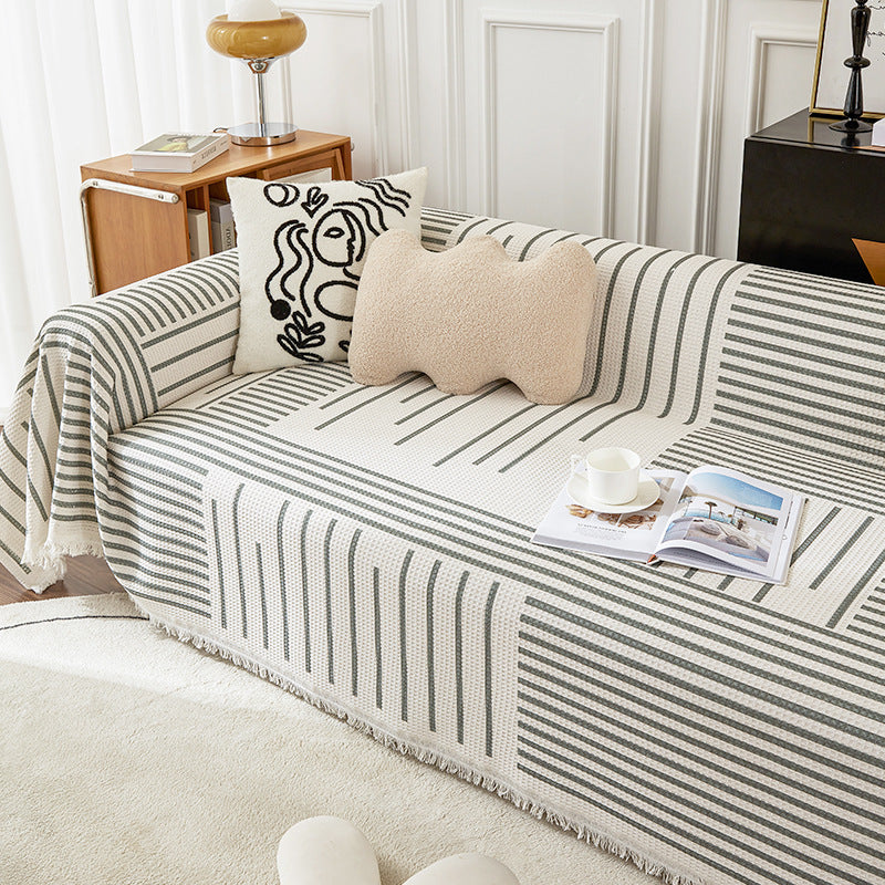 HKM-350995 Striped Cotton Sofa Towel Anti-Cat Scratch Protector Blanket for All Season Use