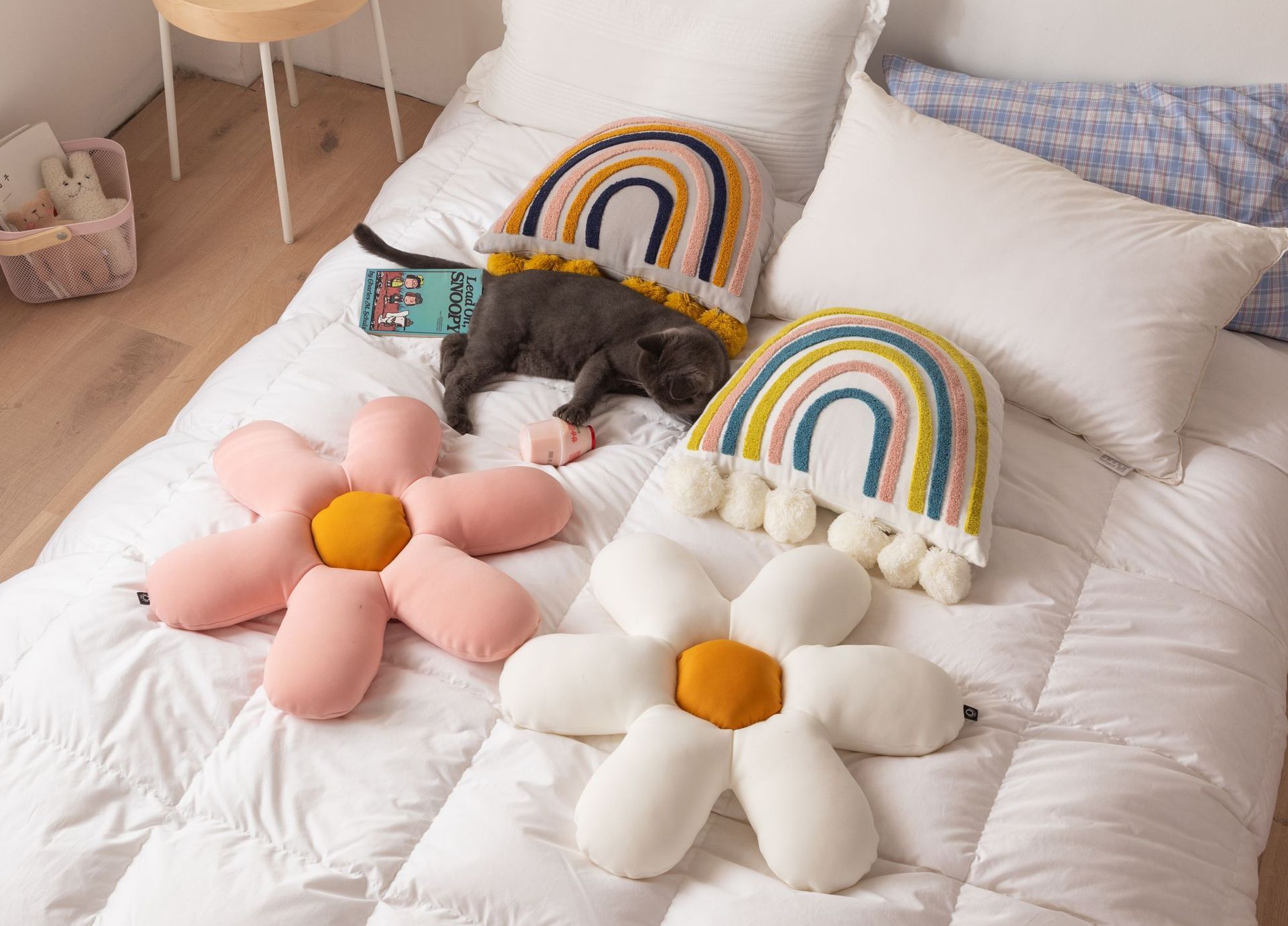 HKM-352467 Cotton Rainbow Embroidered Bedside Pillow for Kids' Rooms