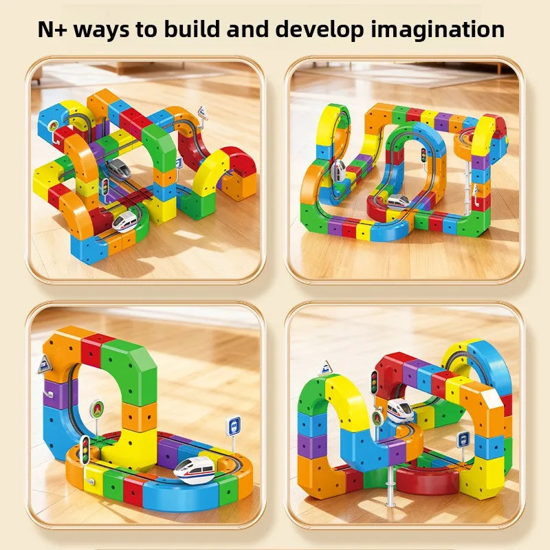 HKM-352595 Electric Magnetic Track Mini Train Toy Set for Kids - DIY Assembly, 3D Cube Design, USB Rechargeable