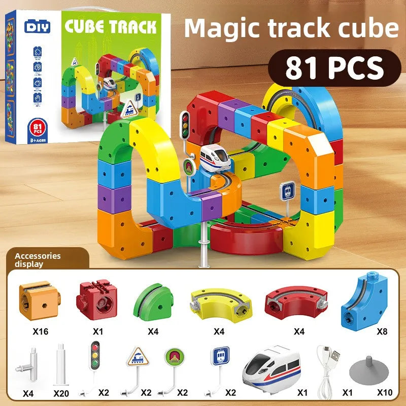 HKM-352595 Electric Magnetic Track Mini Train Toy Set for Kids - DIY Assembly, 3D Cube Design, USB Rechargeable