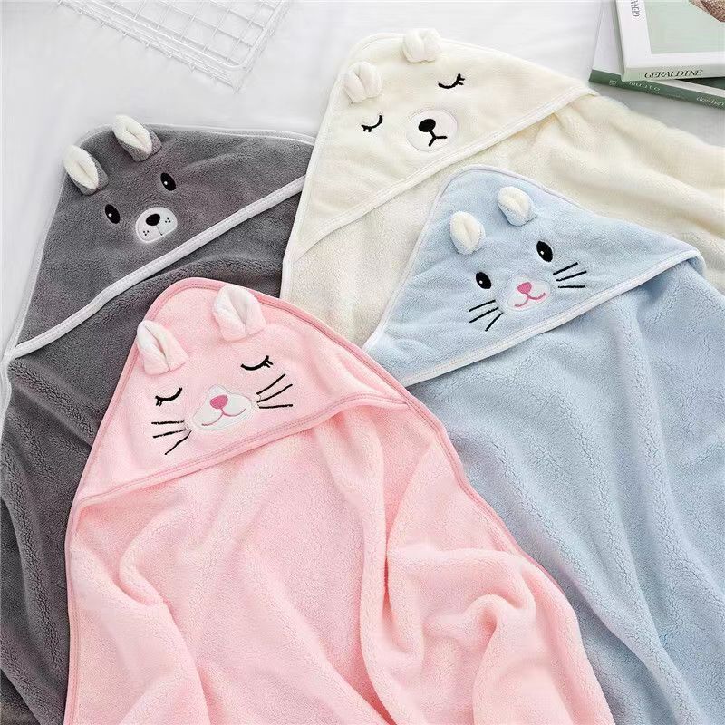 HKM-352915 Cozy Coral Fleece Children’s Hoodie Bath Towel - Panda, Elephant, Koala, Long Ear Dog