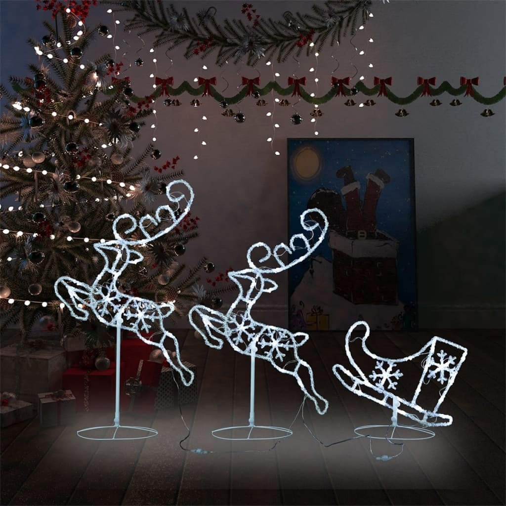 HKM-353299 LED Acrylic Christmas Reindeer and Sleigh Decoration with 8 Light Effects - 260x21x87 cm