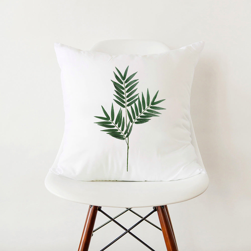 HKM-353555 Green Botanical Print White Pillowcase, 45cm x 45cm Polyester Cushion Cover with Zipper, Soft Touch for Home Decor