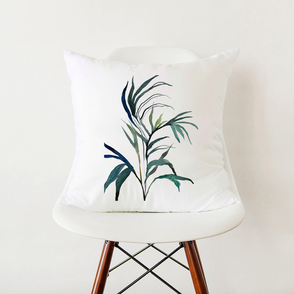 HKM-353555 Green Botanical Print White Pillowcase, 45cm x 45cm Polyester Cushion Cover with Zipper, Soft Touch for Home Decor
