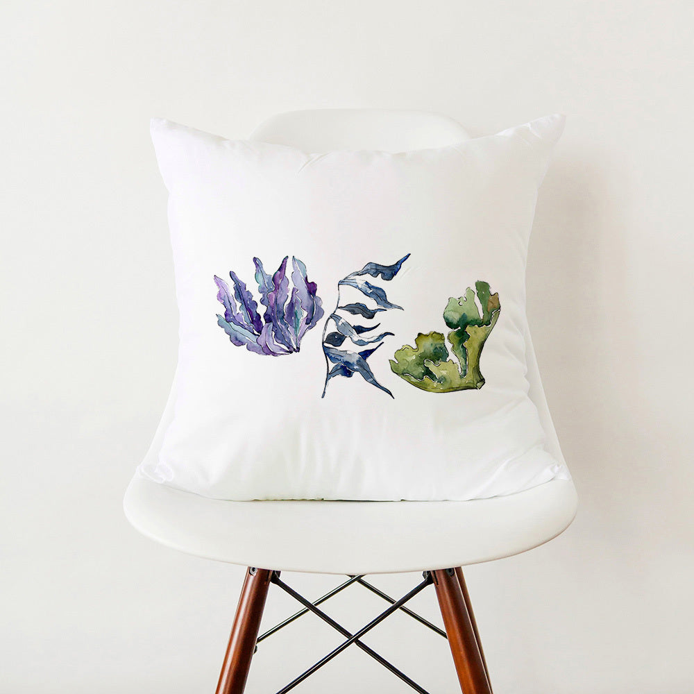 HKM-353555 Green Botanical Print White Pillowcase, 45cm x 45cm Polyester Cushion Cover with Zipper, Soft Touch for Home Decor