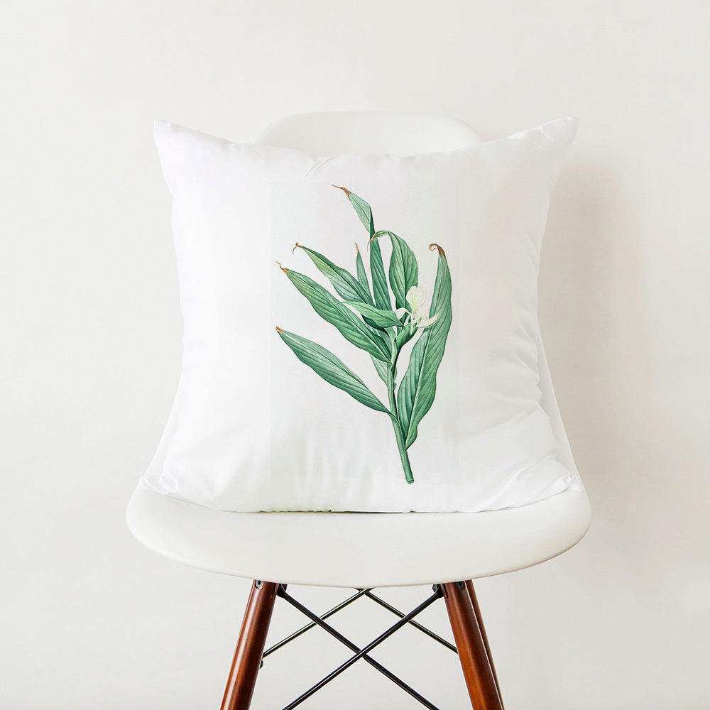 HKM-353555 Green Botanical Print White Pillowcase, 45cm x 45cm Polyester Cushion Cover with Zipper, Soft Touch for Home Decor