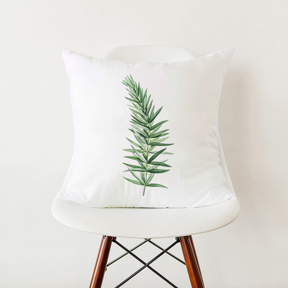 HKM-353555 Green Botanical Print White Pillowcase, 45cm x 45cm Polyester Cushion Cover with Zipper, Soft Touch for Home Decor