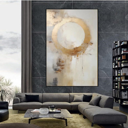 HKM-354579 Hand-Painted Modern Abstract Oil Painting on Canvas - Golden Circle Design for Home Decor