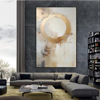 HKM-354579 Hand-Painted Modern Abstract Oil Painting on Canvas - Golden Circle Design for Home Decor