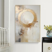 HKM-354579 Hand-Painted Modern Abstract Oil Painting on Canvas - Golden Circle Design for Home Decor