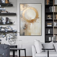 HKM-354579 Hand-Painted Modern Abstract Oil Painting on Canvas - Golden Circle Design for Home Decor