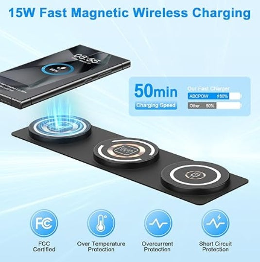 HKM-354899 3-In-1 Foldable Wireless Fast Charger for Smartphones, Smartwatches, and Earbuds, Lightweight Design with Safety Features