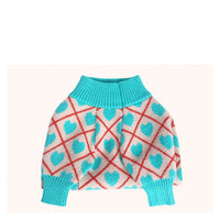 HKM-355219 Warm Casual Dog Sweater Jacket for Pugs, Teddies, Bichons, Schnauzers & Shiba Inus in Blue Peach Heart Design