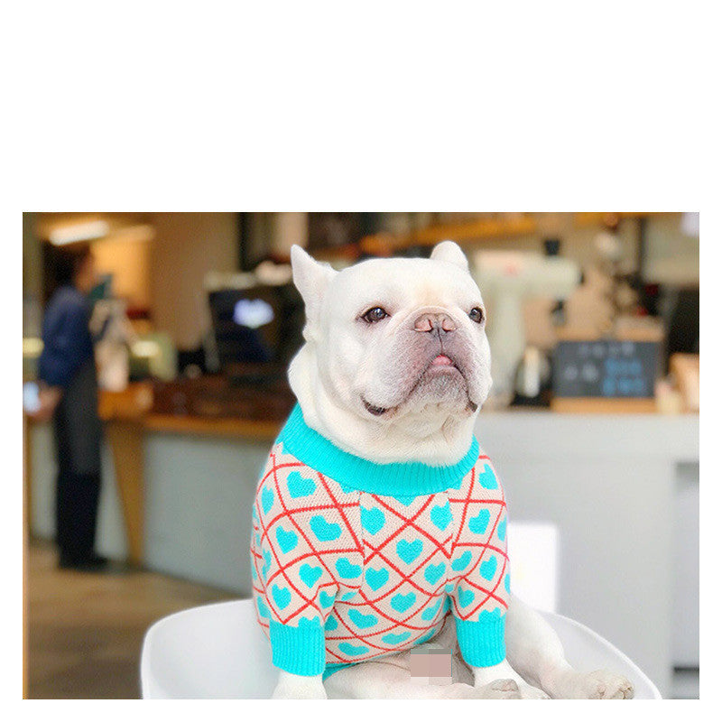 HKM-355219 Warm Casual Dog Sweater Jacket for Pugs, Teddies, Bichons, Schnauzers & Shiba Inus in Blue Peach Heart Design