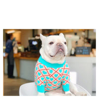 HKM-355219 Warm Casual Dog Sweater Jacket for Pugs, Teddies, Bichons, Schnauzers & Shiba Inus in Blue Peach Heart Design