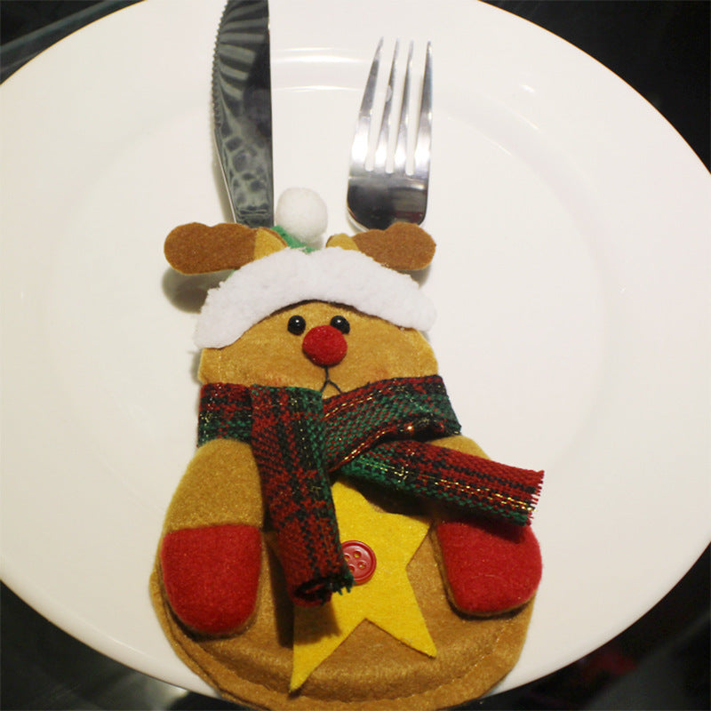 HKM-355411 Christmas-Themed Knife and Fork Set in Wool and Brushed Fabric - Elk, Snowman, Old Man Designs