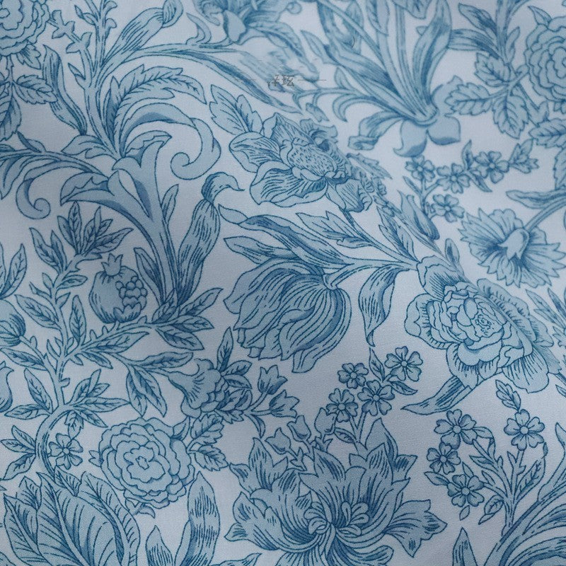 HKM-355475 Blue and White Floral Cotton Fabric for Children's Dresses, Long 1M x 1.45M