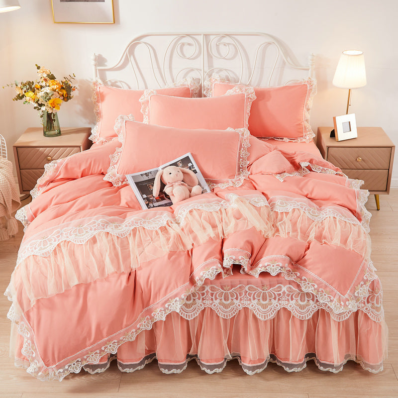 HKM-355475 Korean Style Princess Wind Lace Duvet Cover and Bed Skirt Set – Multiple Color Options Available