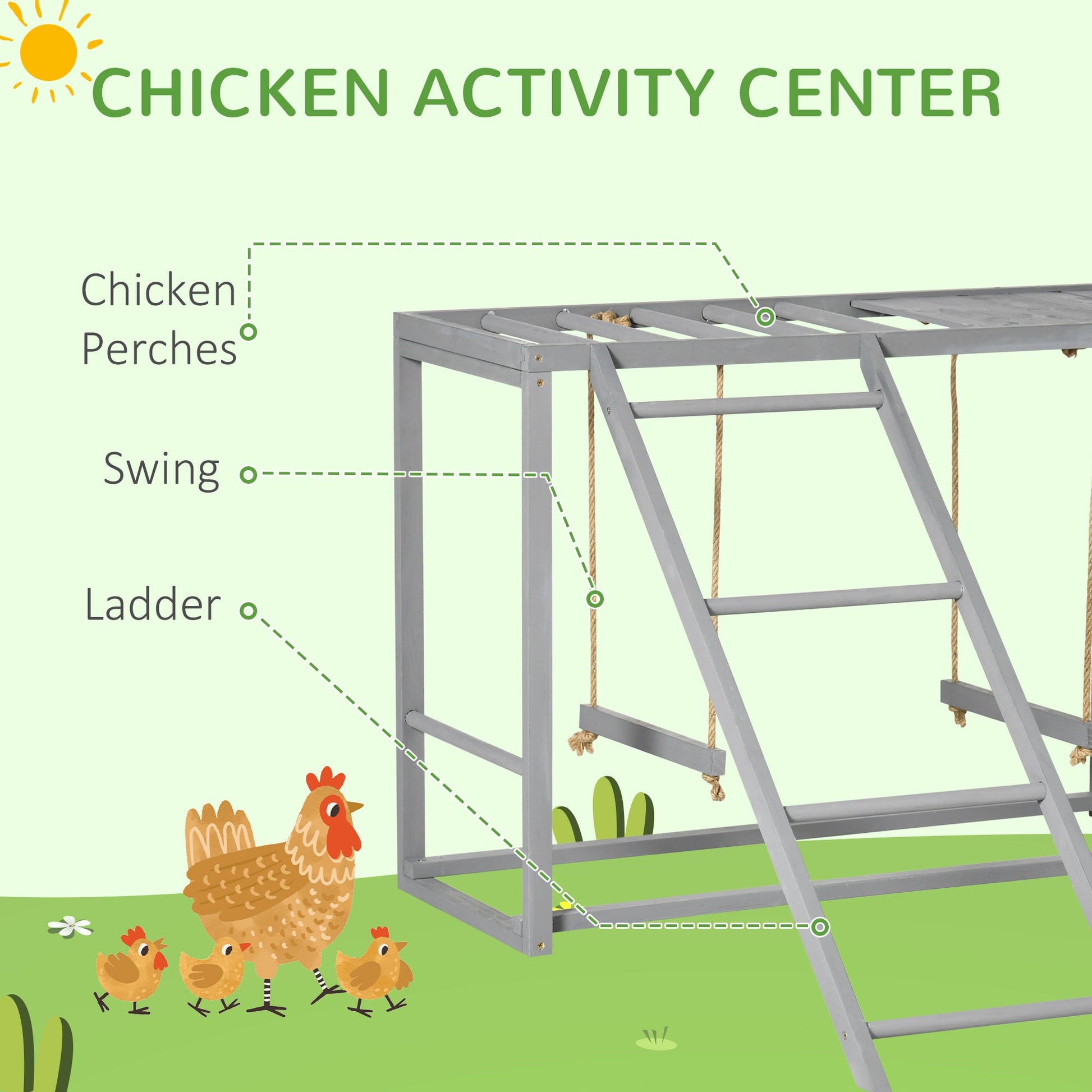 HKM-355731 Wooden Chicken Activity Game with Swing Set for 3-4 Birds, Coop Accessory with Perches and Hen Ladder, Grey