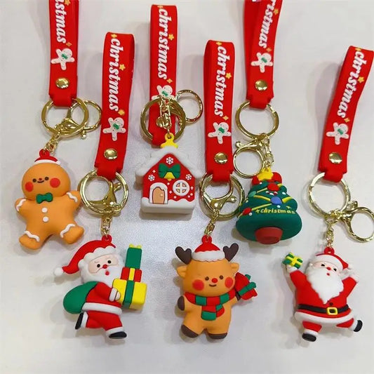 HKM-356627 Cute Cartoon Santa Snowman PVC Christmas Keychain with Metal Ring - Fun Holiday Accessory for All Ages