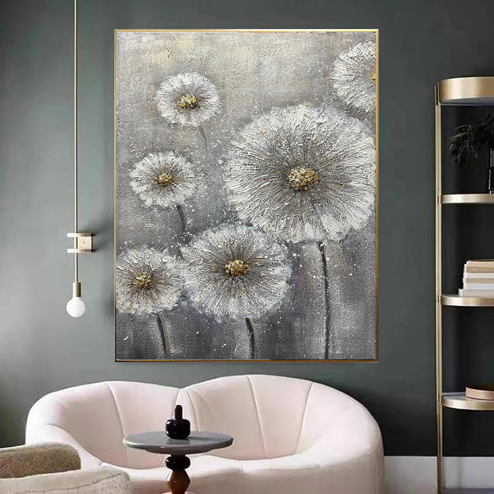 HKM-356883 Handmade White Flower Canvas Oil Painting for Home Decor - Unique Large Art Piece