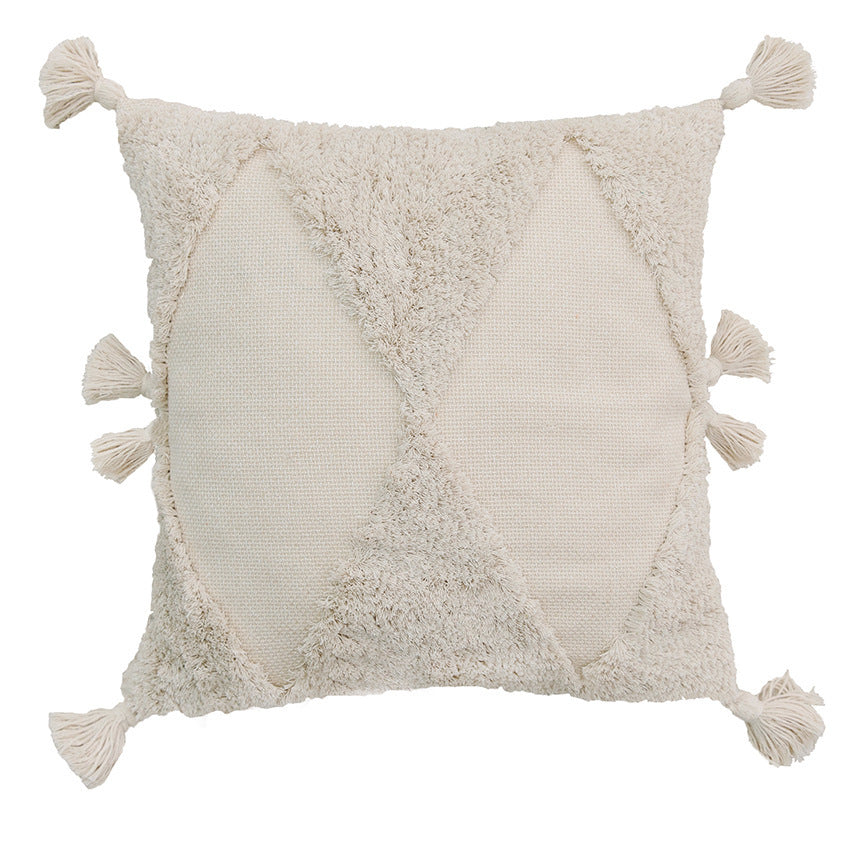 HKM-357011 Embroidered Tufted Tassel Pillowcase in Geometric Design, 45x45cm, Polyester Cotton, Multiple Colors