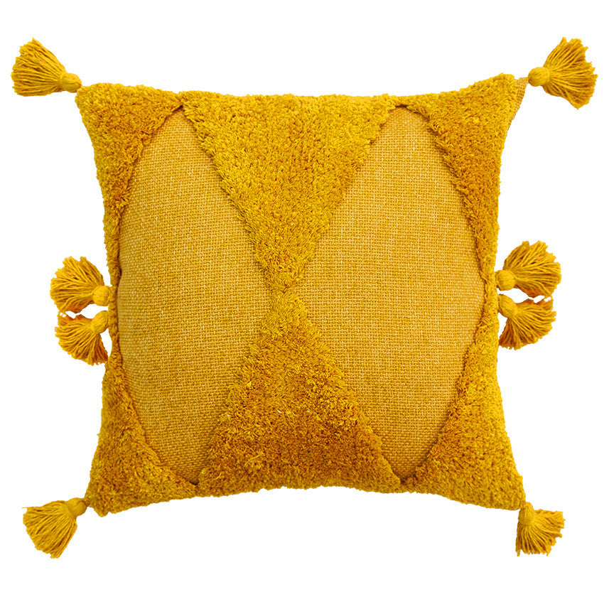 HKM-357011 Embroidered Tufted Tassel Pillowcase in Geometric Design, 45x45cm, Polyester Cotton, Multiple Colors