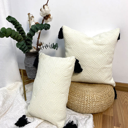 HKM-357075 Cotton Woven Diamond Lattice Fringed Waist Pillow - 30x50 and 45x45 Options Available