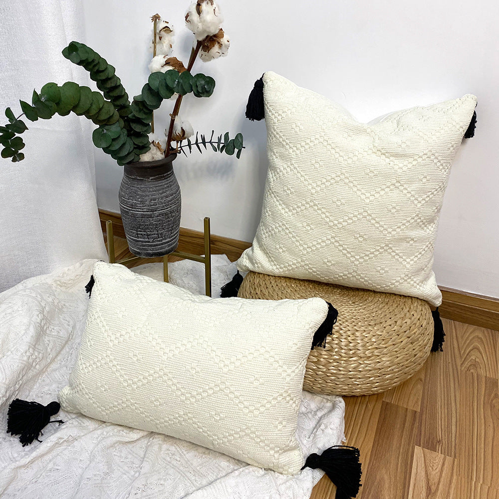 HKM-357075 Cotton Woven Diamond Lattice Fringed Waist Pillow - 30x50 and 45x45 Options Available