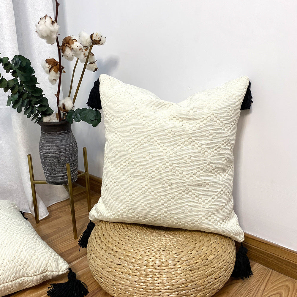 HKM-357075 Cotton Woven Diamond Lattice Fringed Waist Pillow - 30x50 and 45x45 Options Available