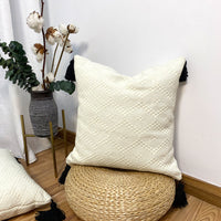 HKM-357075 Cotton Woven Diamond Lattice Fringed Waist Pillow - 30x50 and 45x45 Options Available