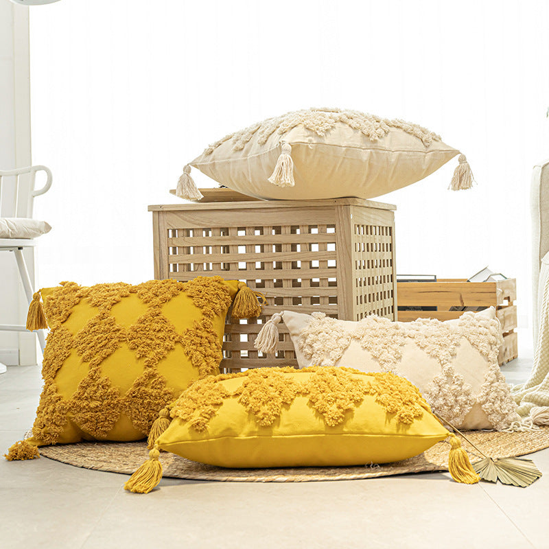 HKM-357331 Tufted Cotton Canvas Throw Pillow with Tassels for Sofa - Available in Various Colors and Sizes