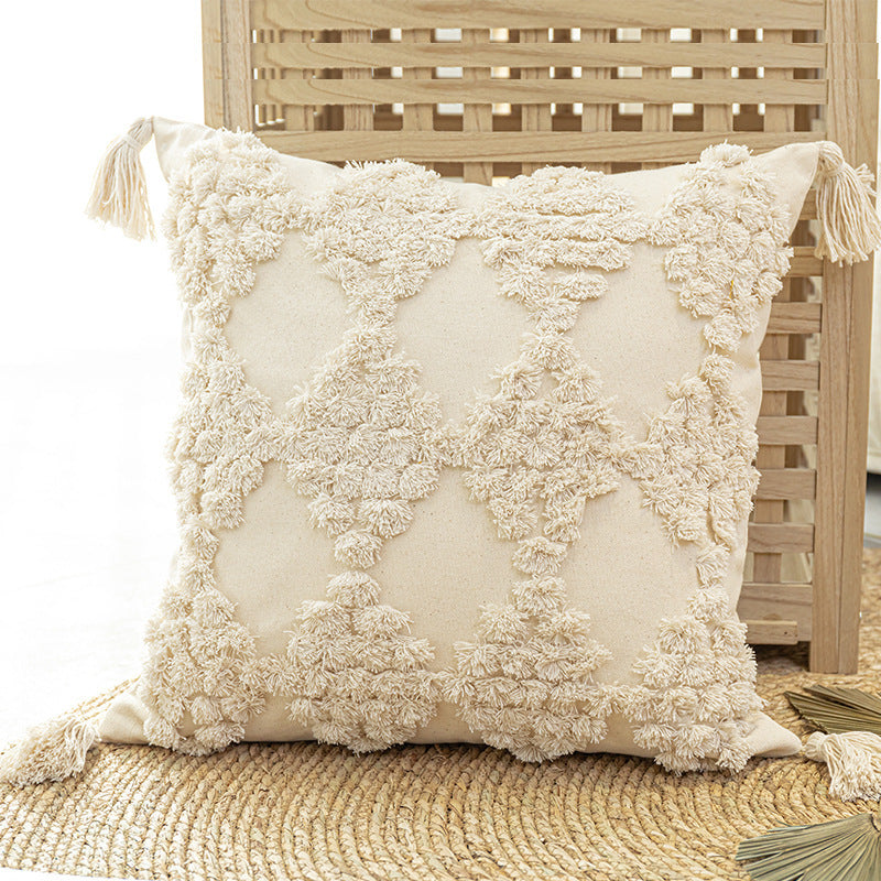 HKM-357331 Tufted Cotton Canvas Throw Pillow with Tassels for Sofa - Available in Various Colors and Sizes