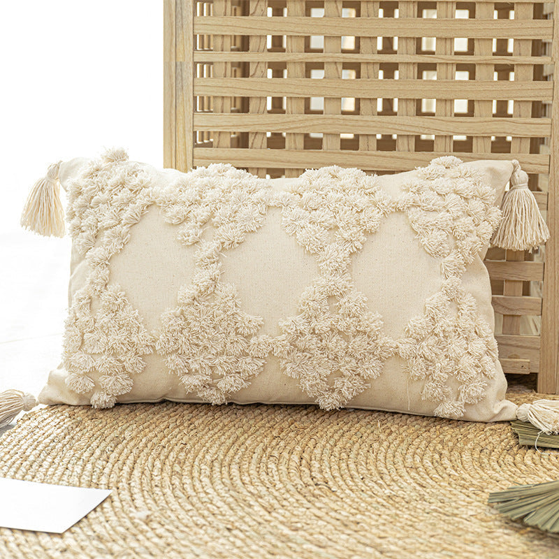 HKM-357331 Tufted Cotton Canvas Throw Pillow with Tassels for Sofa - Available in Various Colors and Sizes
