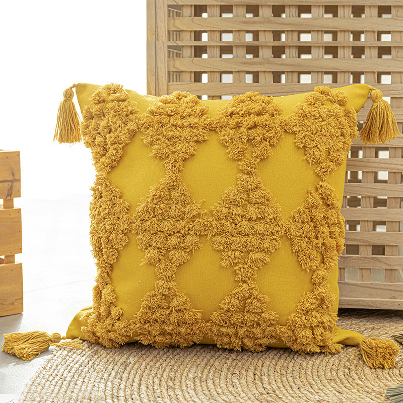 HKM-357331 Tufted Cotton Canvas Throw Pillow with Tassels for Sofa - Available in Various Colors and Sizes
