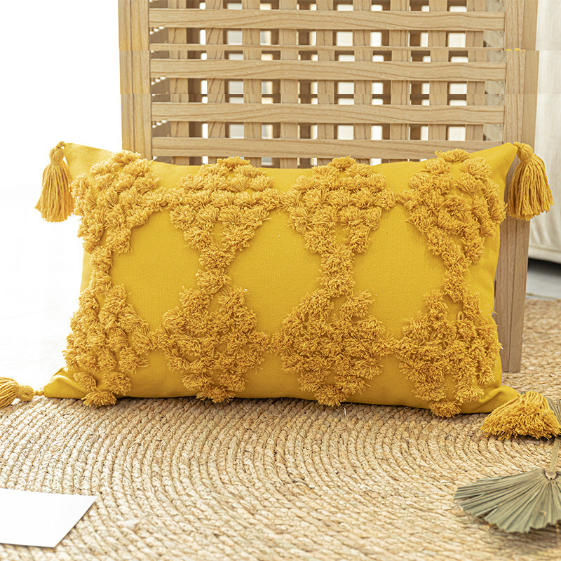 HKM-357331 Tufted Cotton Canvas Throw Pillow with Tassels for Sofa - Available in Various Colors and Sizes