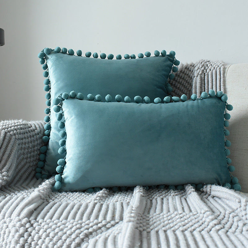 HKM-357907 Velvet Ball Lace Pillow Cushion - Nordic Modern Decorative Sofa Cushion, 50x50 cm