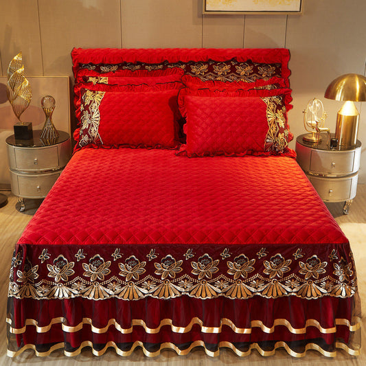 HKM-358099 Solid Color European Crystal Velvet Bed Skirt with Embroidery and Quilting, Multiple Sizes Available