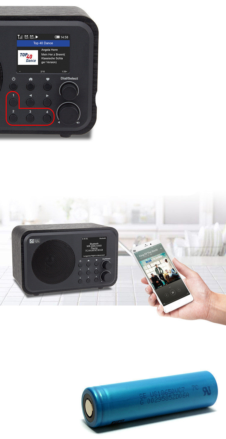 HKM-358163 Mini Wi-Fi Audio Radio with Bluetooth, 2000mAh Battery, 8-Hour Playtime, Mono Sound, Wood Finish, Remote Control