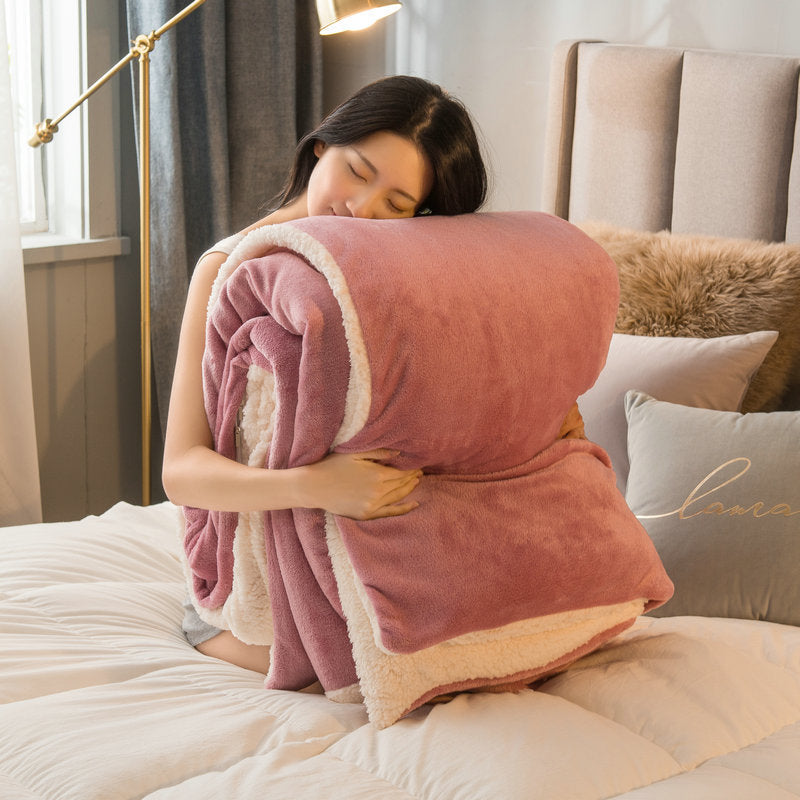 HKM-358419 Cozy Double Thick Lamb Wool Coral Fleece Thermal Blanket - Soft, Warm, and Reversible