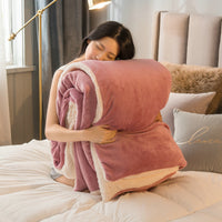 HKM-358419 Cozy Double Thick Lamb Wool Coral Fleece Thermal Blanket - Soft, Warm, and Reversible