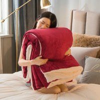 HKM-358419 Cozy Double Thick Lamb Wool Coral Fleece Thermal Blanket - Soft, Warm, and Reversible