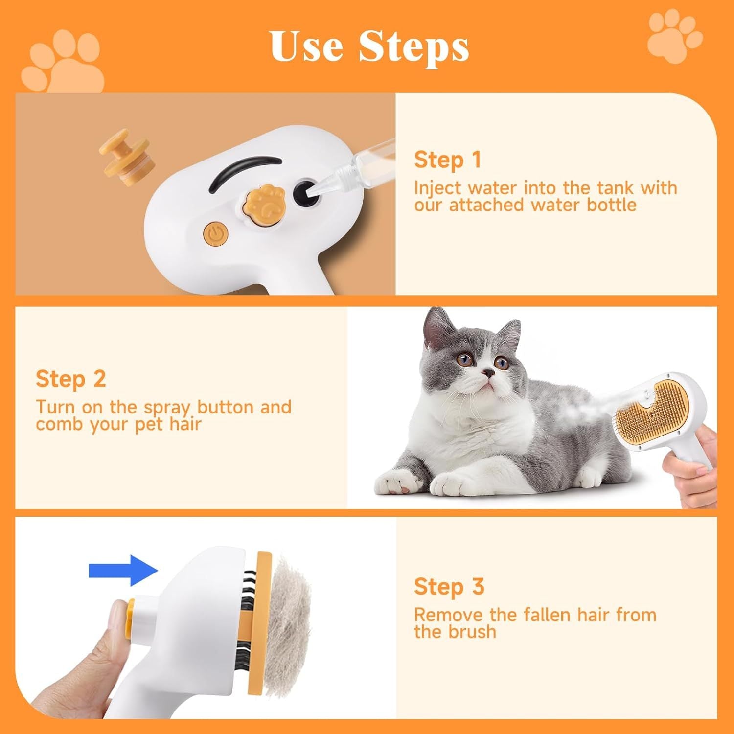 HKM-358803 3-in-1 Pet Steam Brush for Dogs and Cats with Spray, Waterless Shampoo and Ear Wipes
