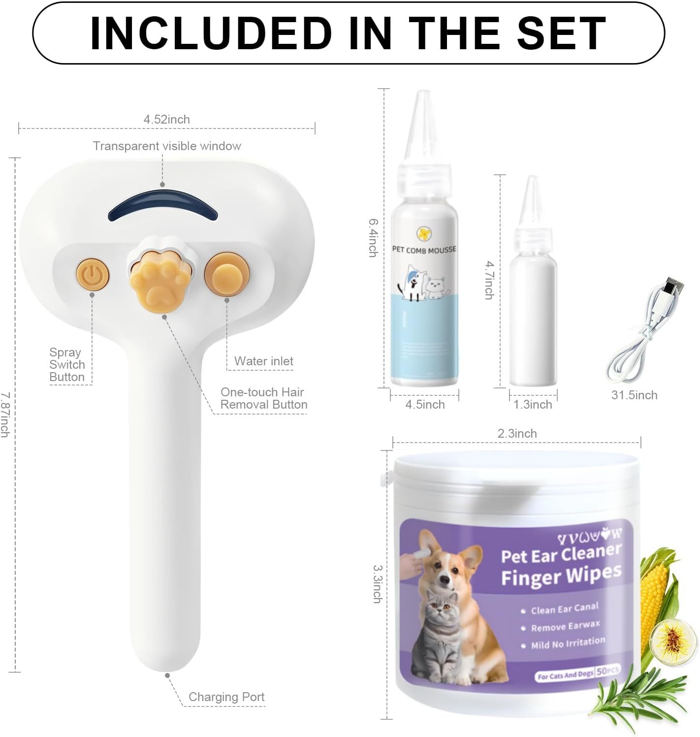 HKM-358803 3-in-1 Pet Steam Brush for Dogs and Cats with Spray, Waterless Shampoo and Ear Wipes